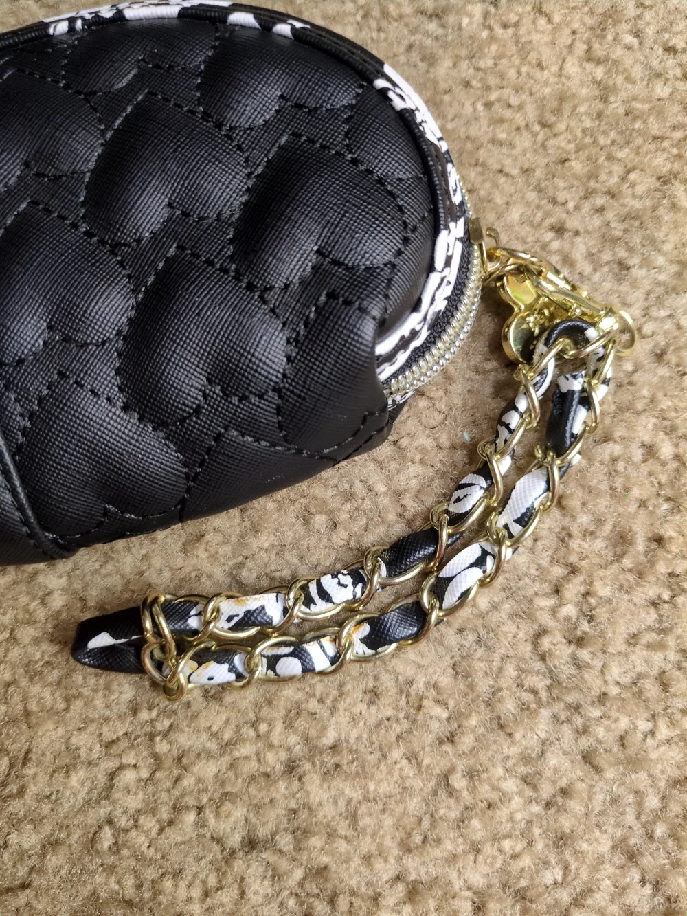 Betsey Johnson Black Quilted Heart Wristlet with Gold Chain Strap